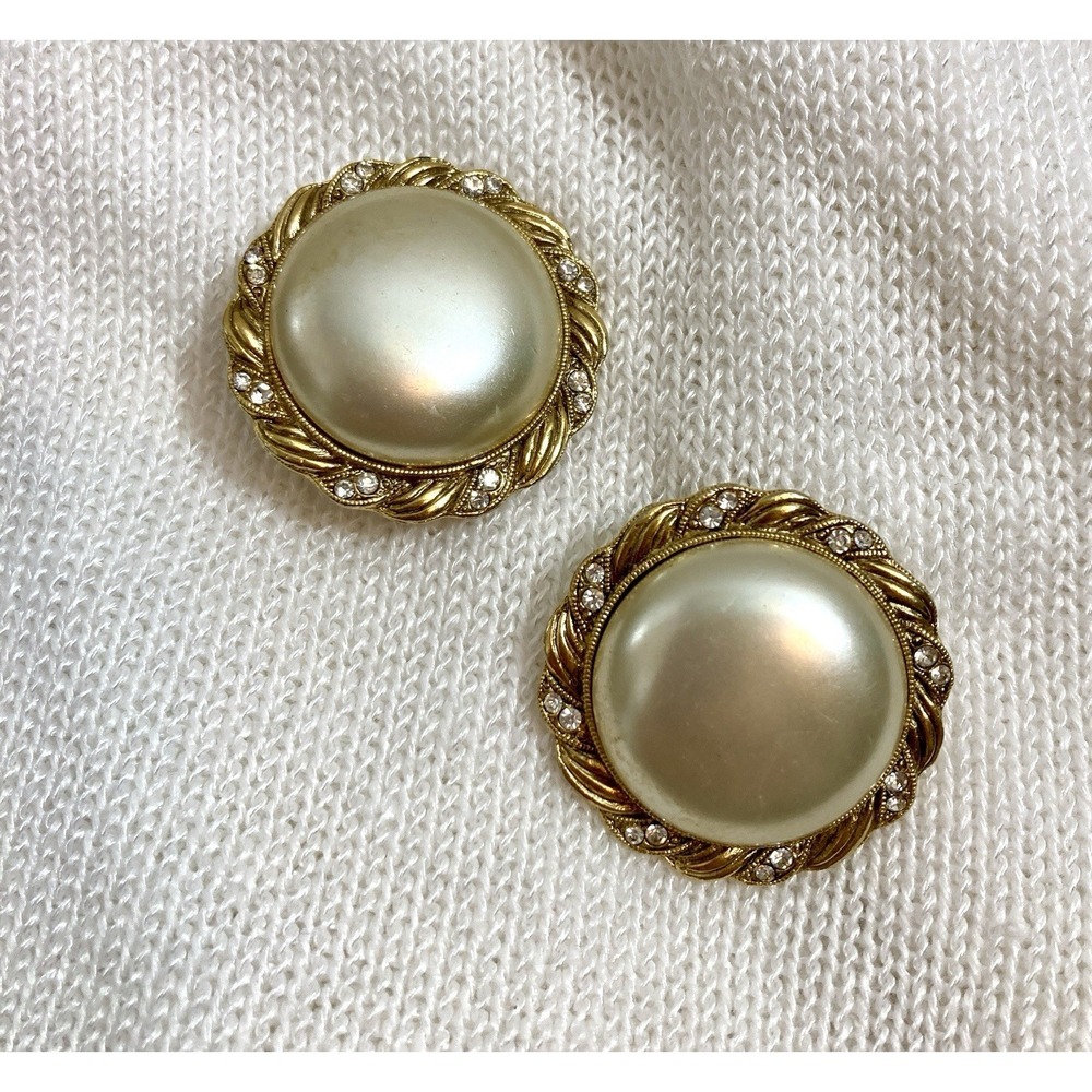 Vintage Large Faux Pearl Clip On Earrings‎ Gold Tone Rhinestones Couture Style